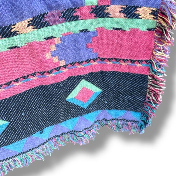 Vintage 80s/90s Kilim Pastel Aztec Blanket Full Throw Fringed Border Boho - Picture 7 of 7